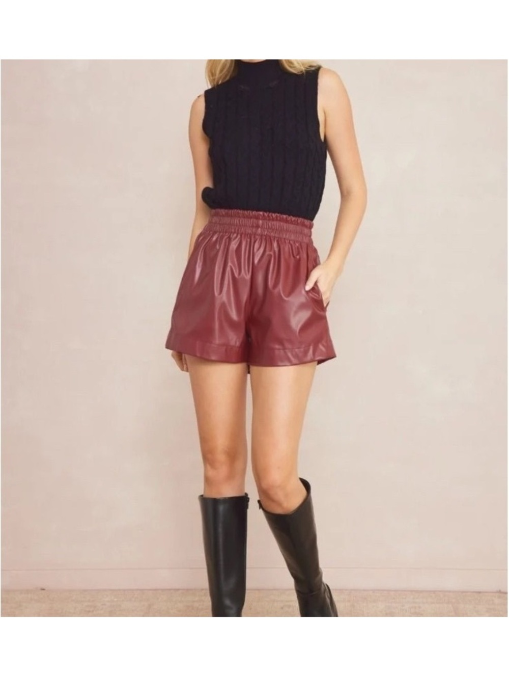 Entro Women's Faux Leather Burgundy Shorts with Elastic Waist